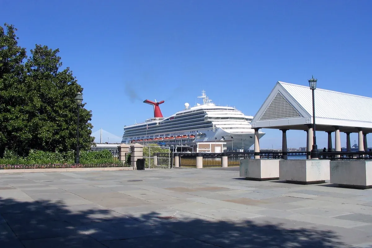 Carnival Victory cruise ship docked at the Union Pier cruise terminal in Charleston, seen from Waterfront Park