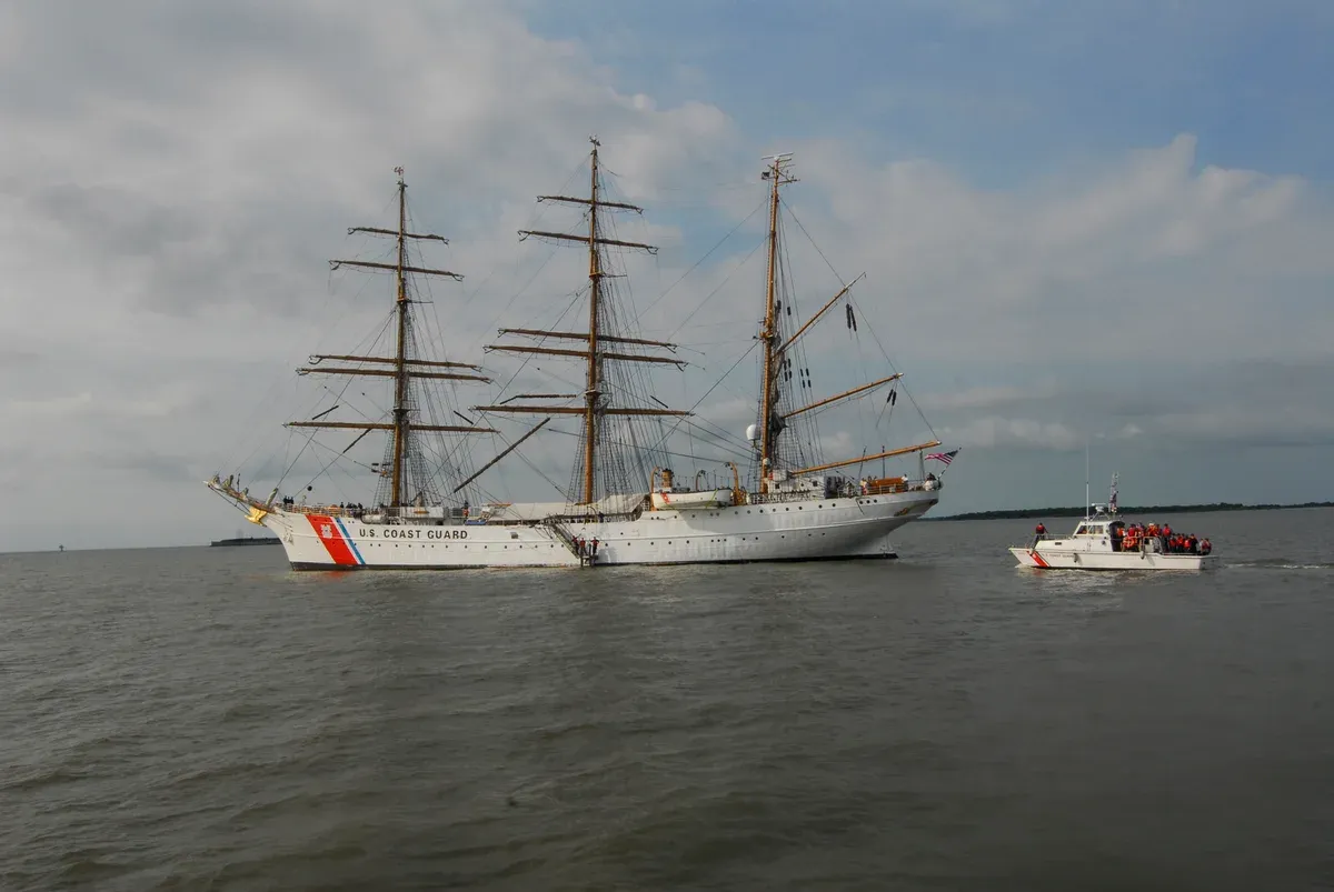 Three-masted tall ship in Charleston Harbor, scene for a Charleston schooner sail