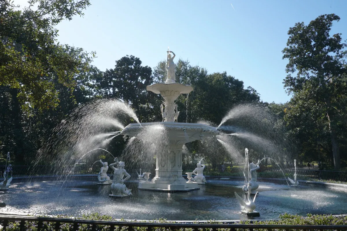 Forsyth Park fountain in Savannah, Georgia, a popular day trip from Charleston