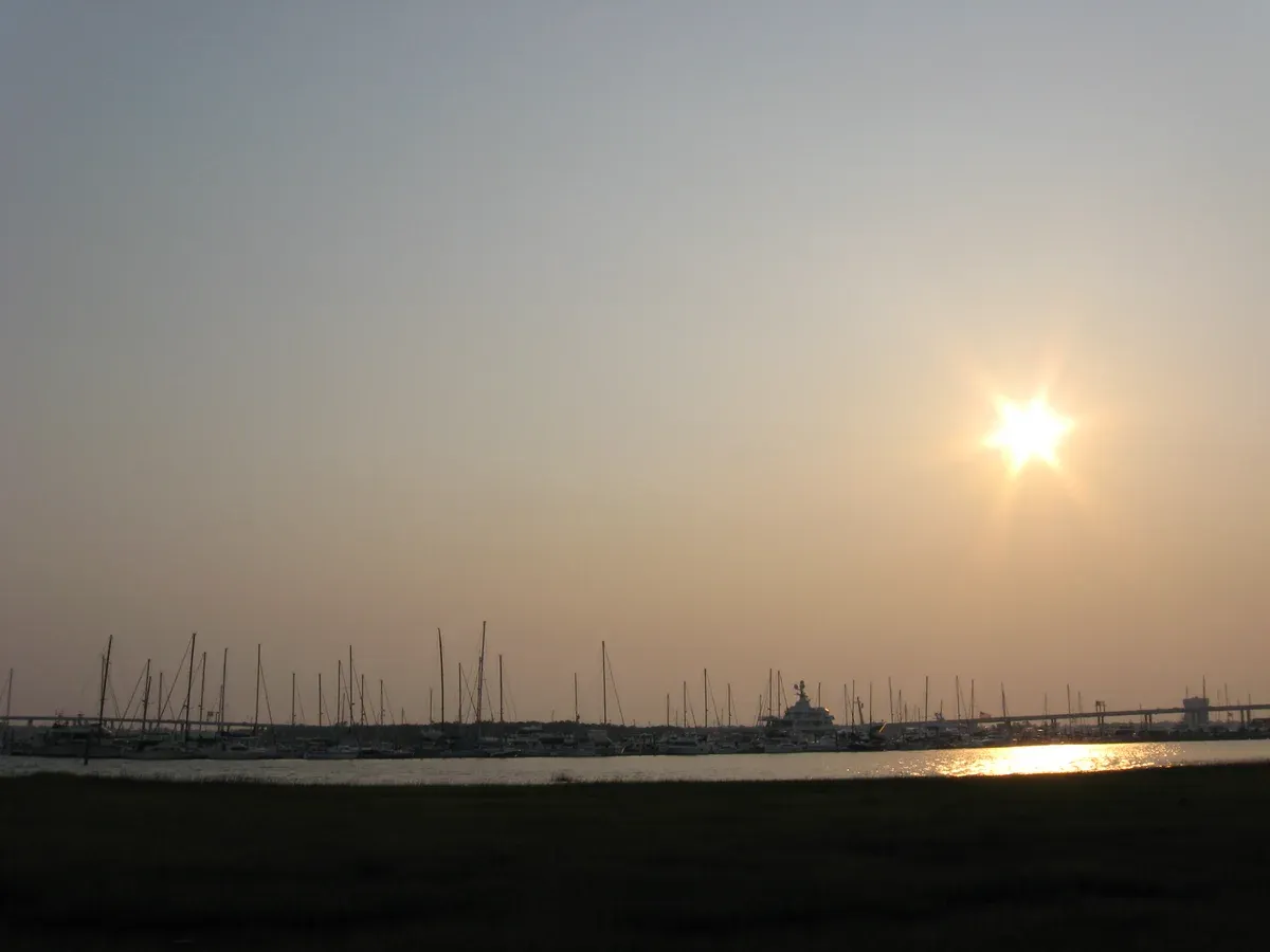Sunset over Charleston Harbor with sailboat masts in a marina, where a sailing charter in Charleston can start