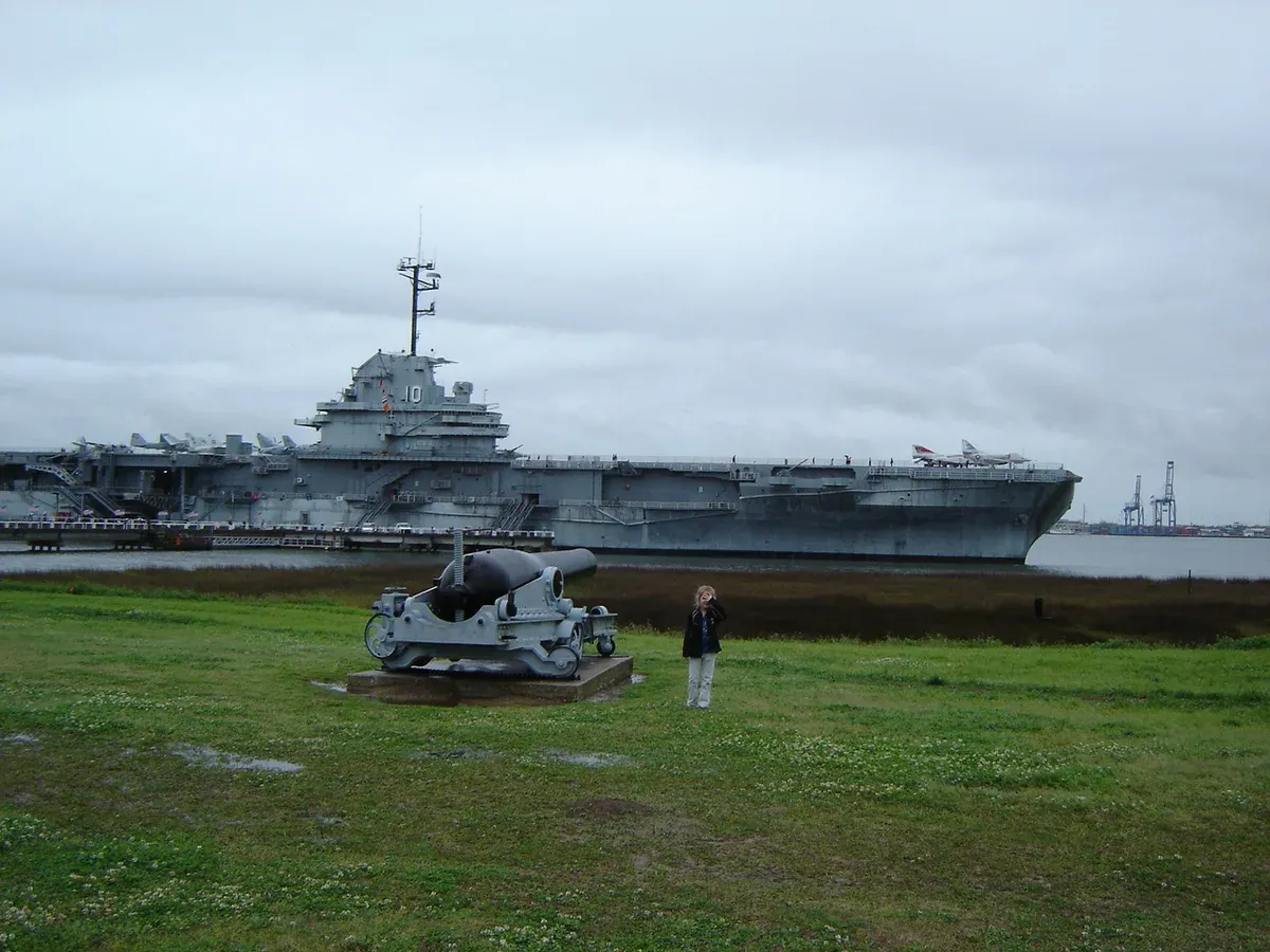 USS Yorktown moored at Patriots Point in Charleston Harbor, passed on a Charleston dolphin watch cruise
