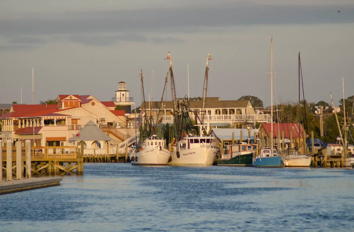 Shrimp boats and waterfront buildings on Shem Creek at dusk near Charleston, setting of a Shem Creek sunset cruise