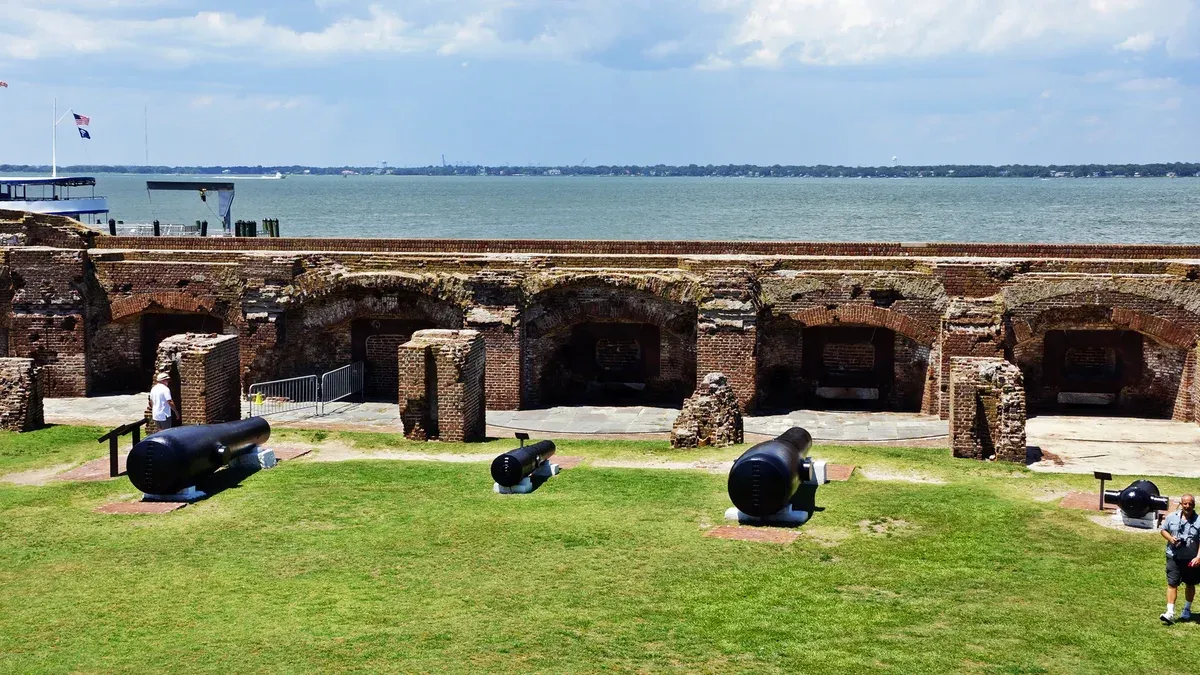 Cannons and brick casemates at Fort Sumter in Charleston Harbor, the stop of the Fort Sumter ferry from Charleston
