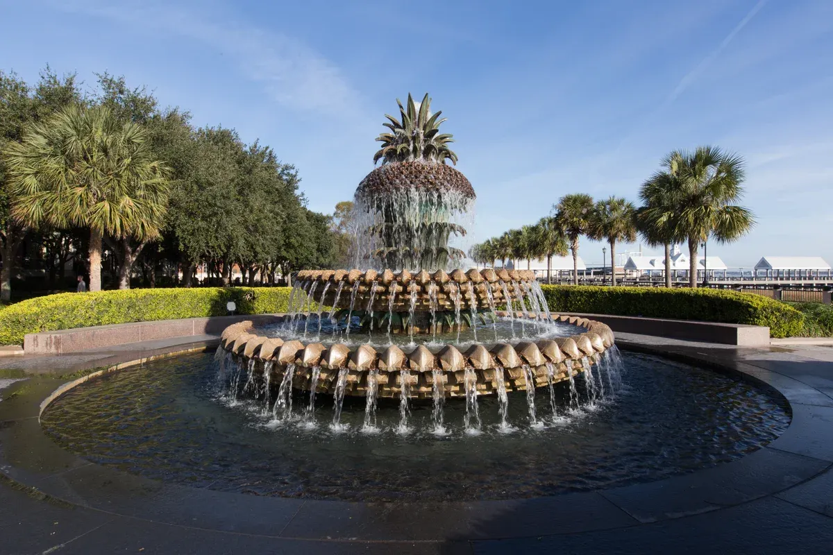 The Pineapple Fountain in Waterfront Park, a free stop by the harbor on a day of cruises from Charleston SC